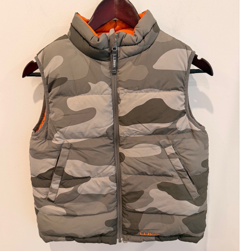 LL Bean Kids Camo Goose Down Puffer Vest Gray Orange Reversible M 10-12 OBNT1
